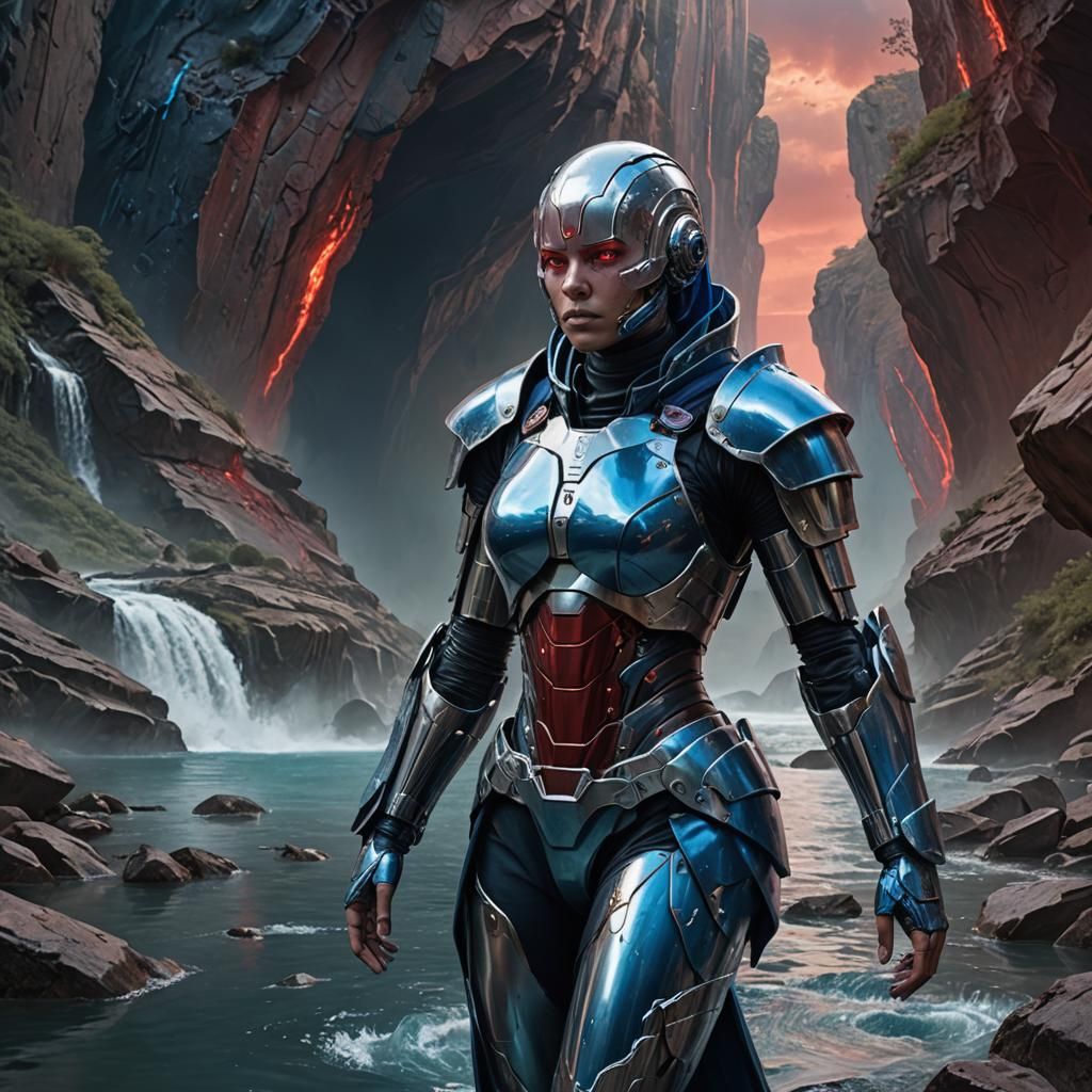 Cyborg in Metallic Armor with Red Sky Backdrop