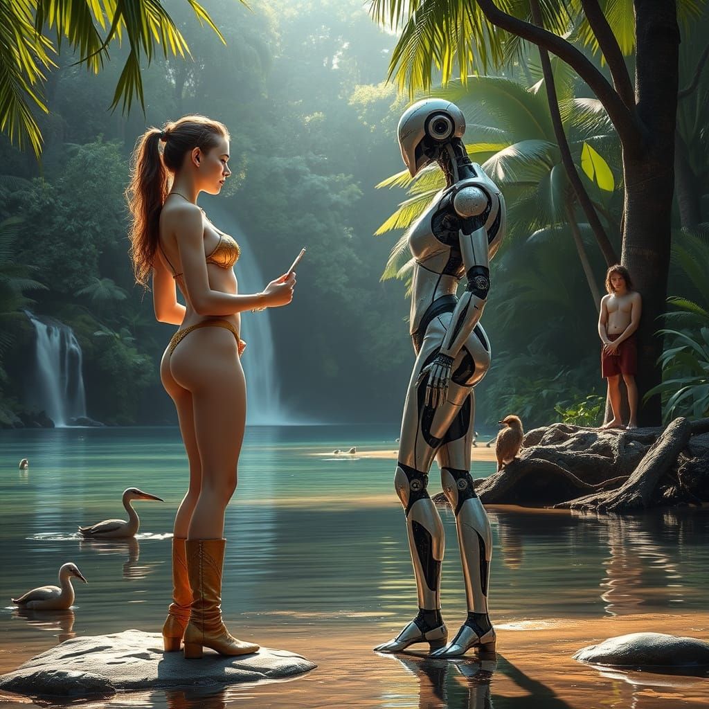 Hyperrealistic Tropical Jungle Scene with Woman and Robot
