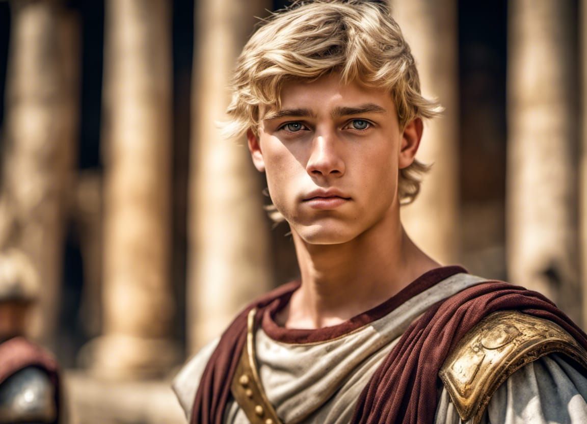 Handsome Roman Teenager with Spear in Arena