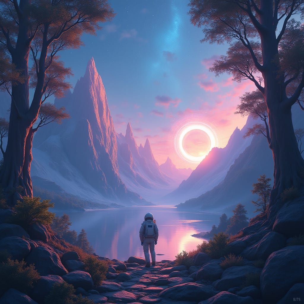 Astronaut in Ancient, Glowing Forest, with Portal and Irides...