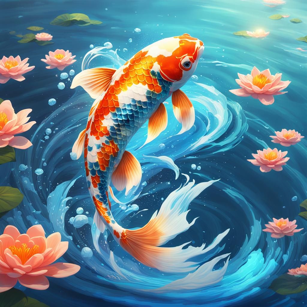 Iridescent Koi Leaping: Fantasy Concept Art