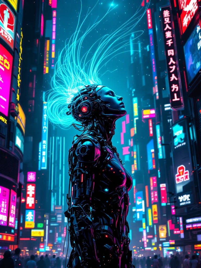 Cybernetic Figure with Electric Hair Ascends