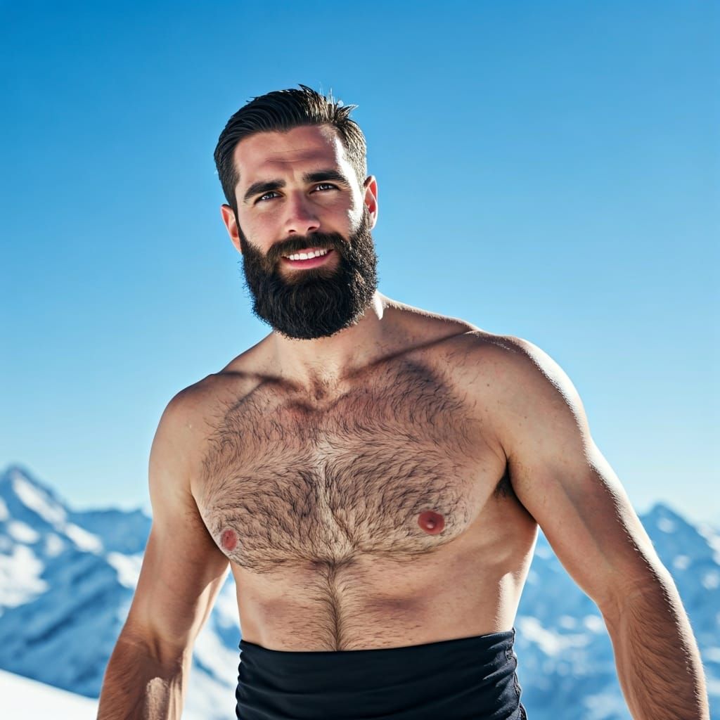 Shirtless Bearded Skier in the French Alps