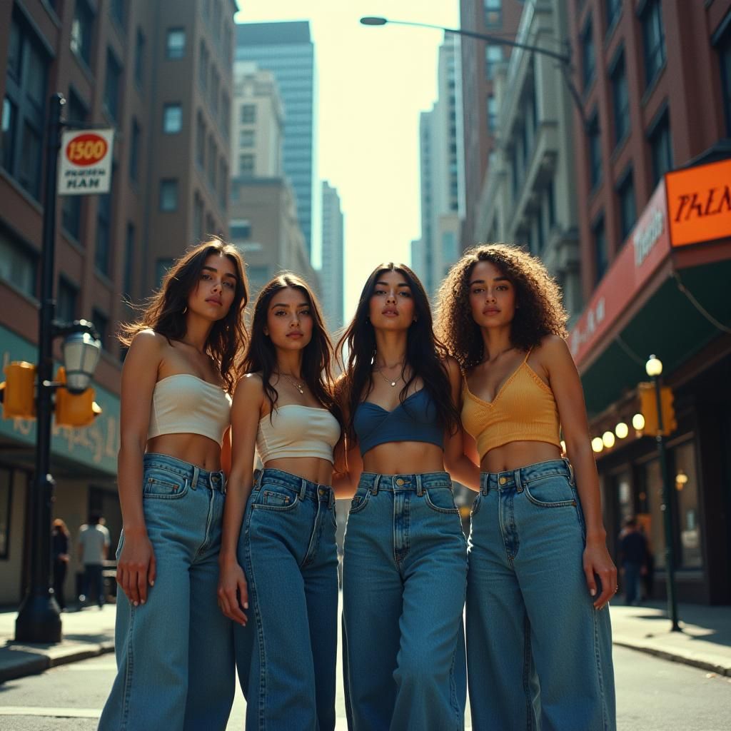 Baggy Denim Fashion in a Vibrant Cityscape