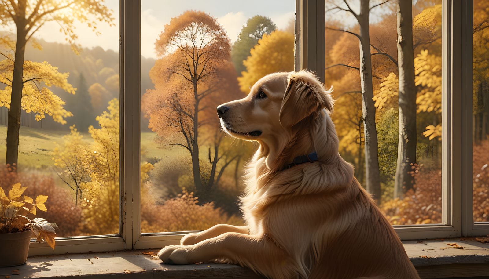 Fluffy Golden Retriever Gazes at Autumn Woods