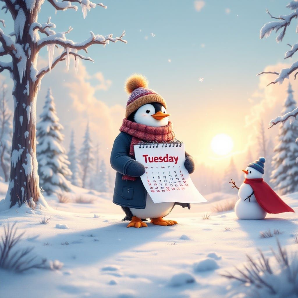 Whimsical Penguin Celebrates Tuesday in Winter Wonderland