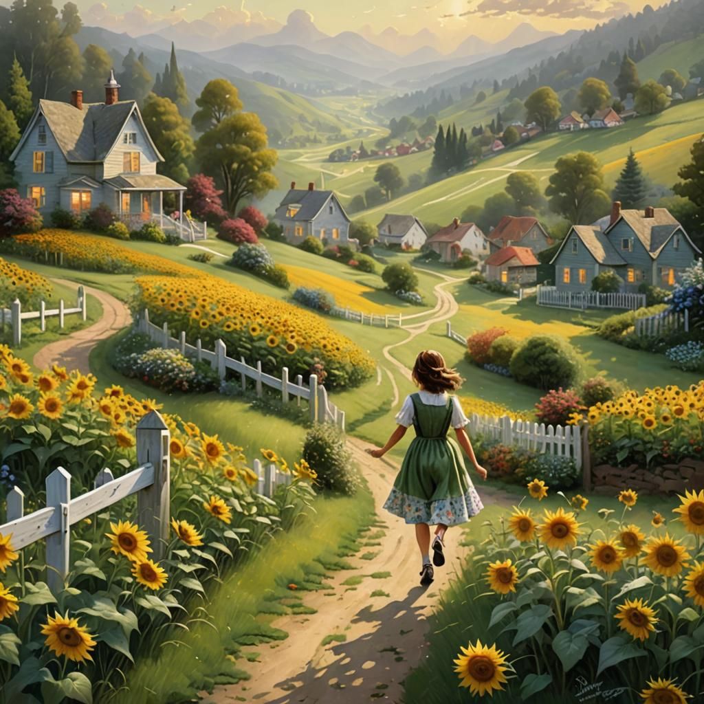 Ethereal Sunflower Field Landscape in Kinkade Style