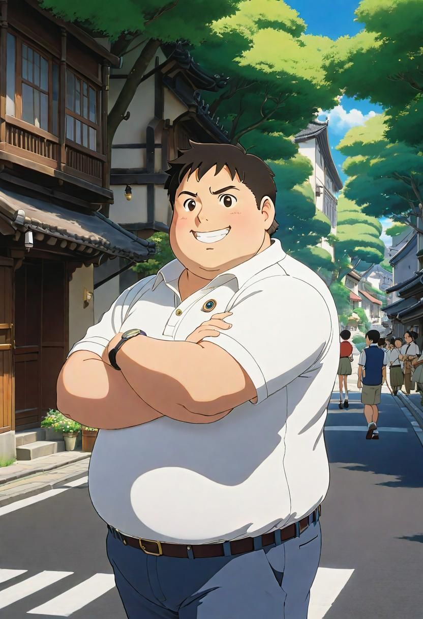 Studio Ghibli art of a happy Chubby Man in a white polo at b...