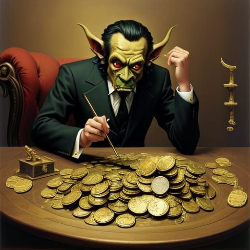 Surrealist Goblin Banker Counts Gold Coins in Dreamlike Sett...