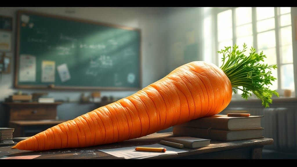 Giant Carrot on Teacher's Desk, Hyper-Realistic Matte Painti...