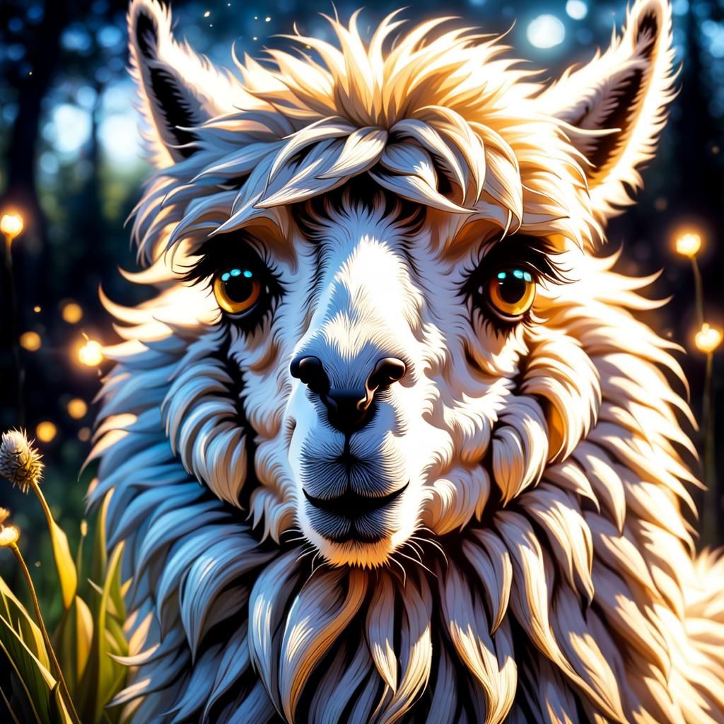 Fluffy Llama with Fireflies in Hyperrealistic Style