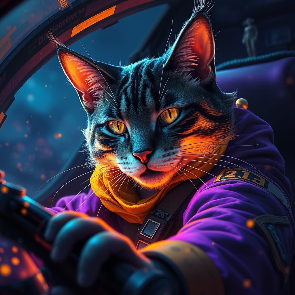 Ethereal Dark Fantasy Cat Pilot Concept Art