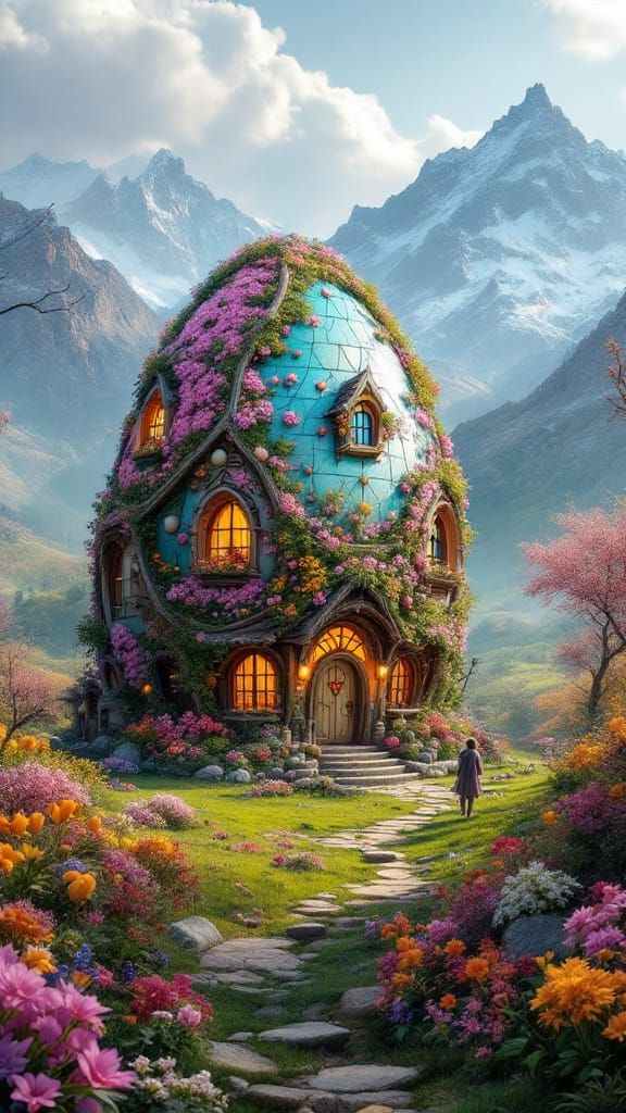 Vibrant Modern Easter Egg Castle Amidst Spring Blooms