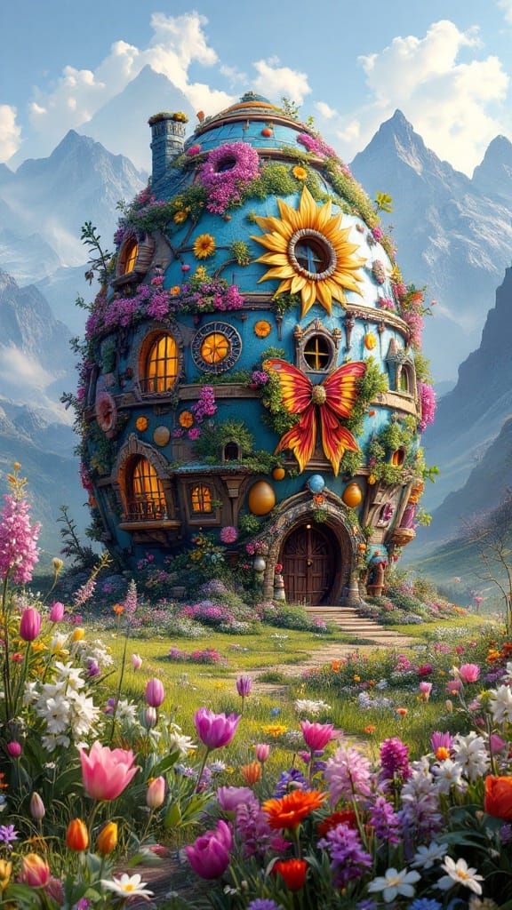 Surreal Easter Egg House Blooms in Springtime Valley Landsca...