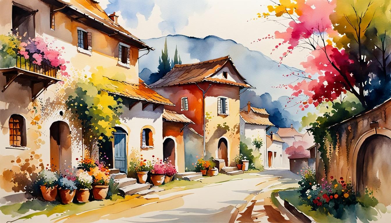 Picturesque Rural Village in Watercolor Art