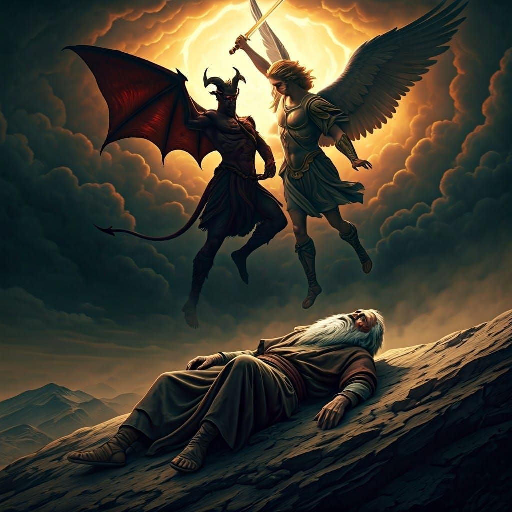 Michael and Satan fighting over the body of Moses