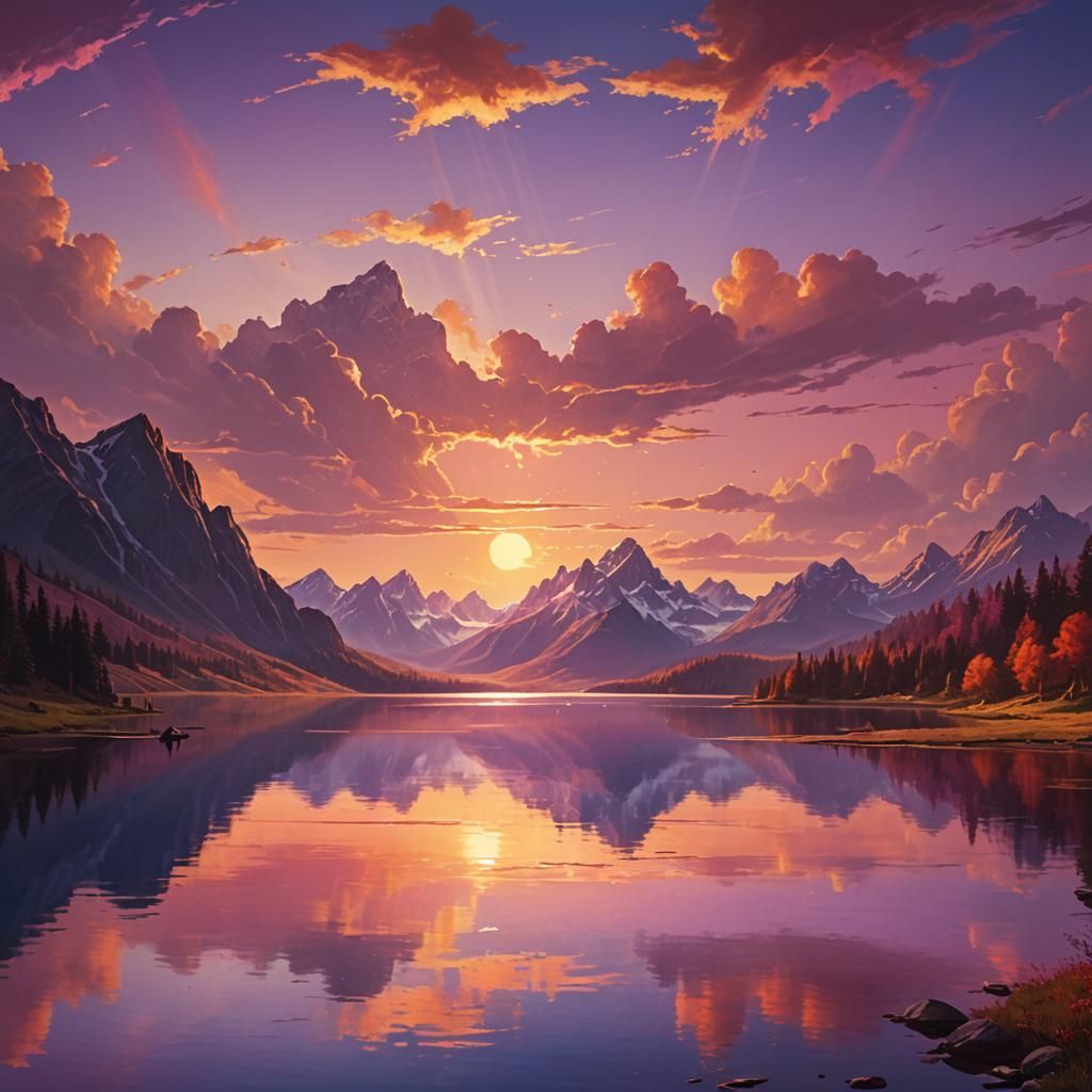 Majestic Sunset Over Lake: A Digital Painting