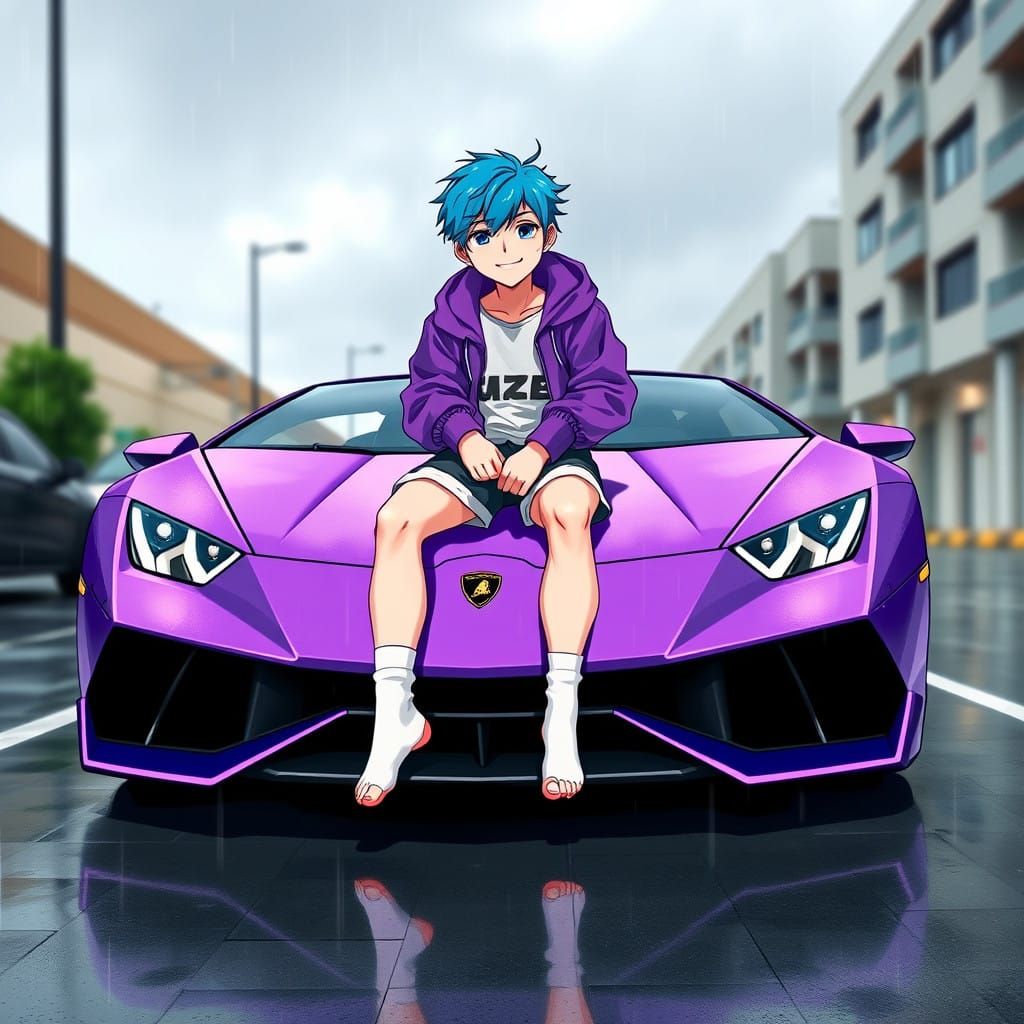 Adorable Boy Beams Brightly on Purple Lamborghini in Rainy C...