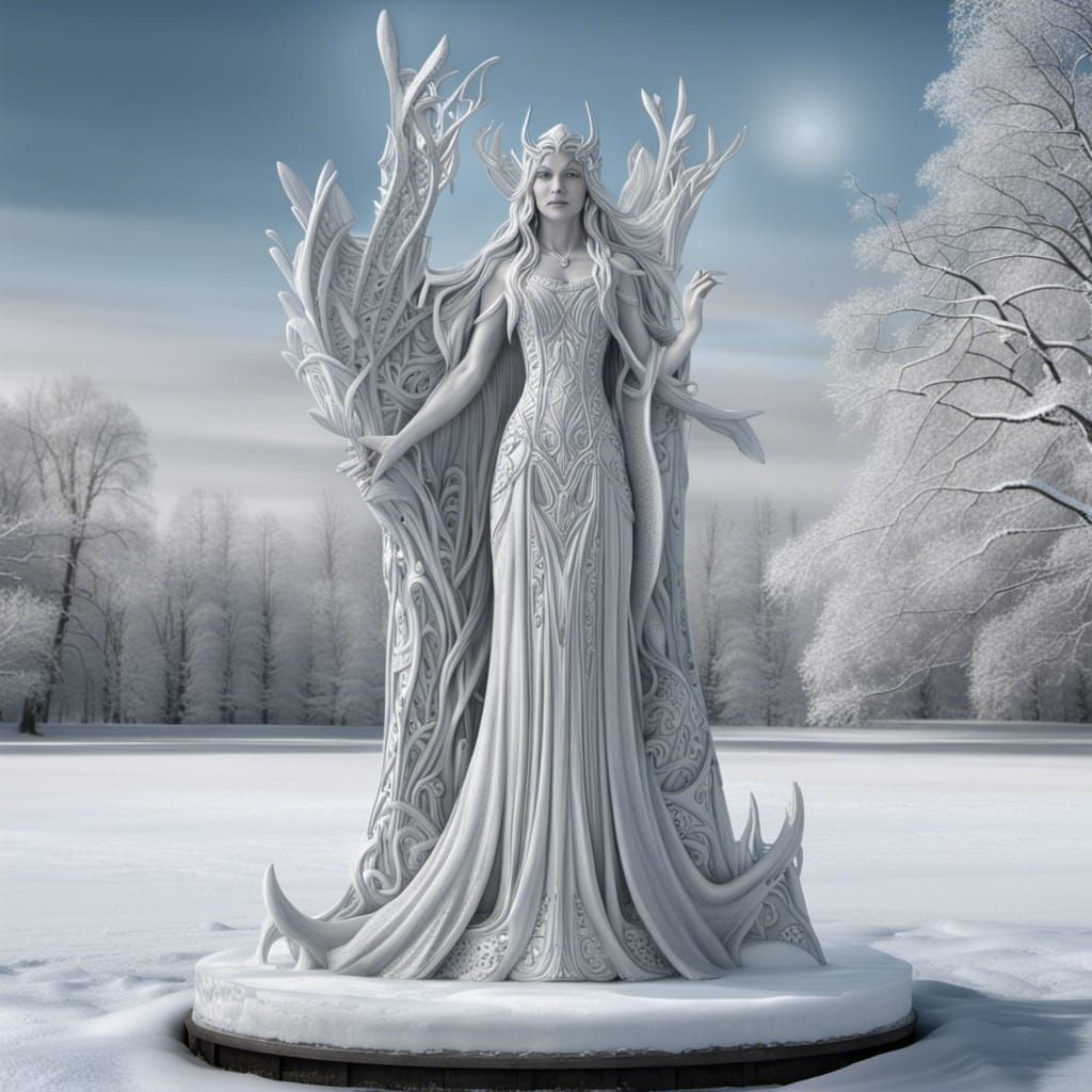 Snow Goddess Sculpture on Wintery Field: 8k Art