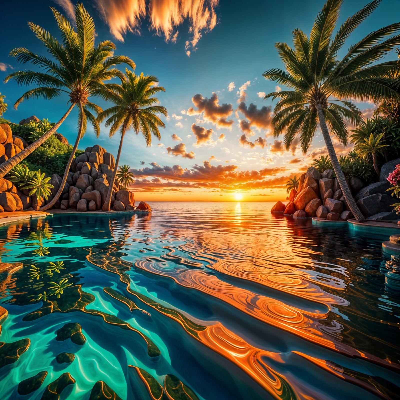 Stunning Tropical Sunset Oasis in Hyperrealistic 3D