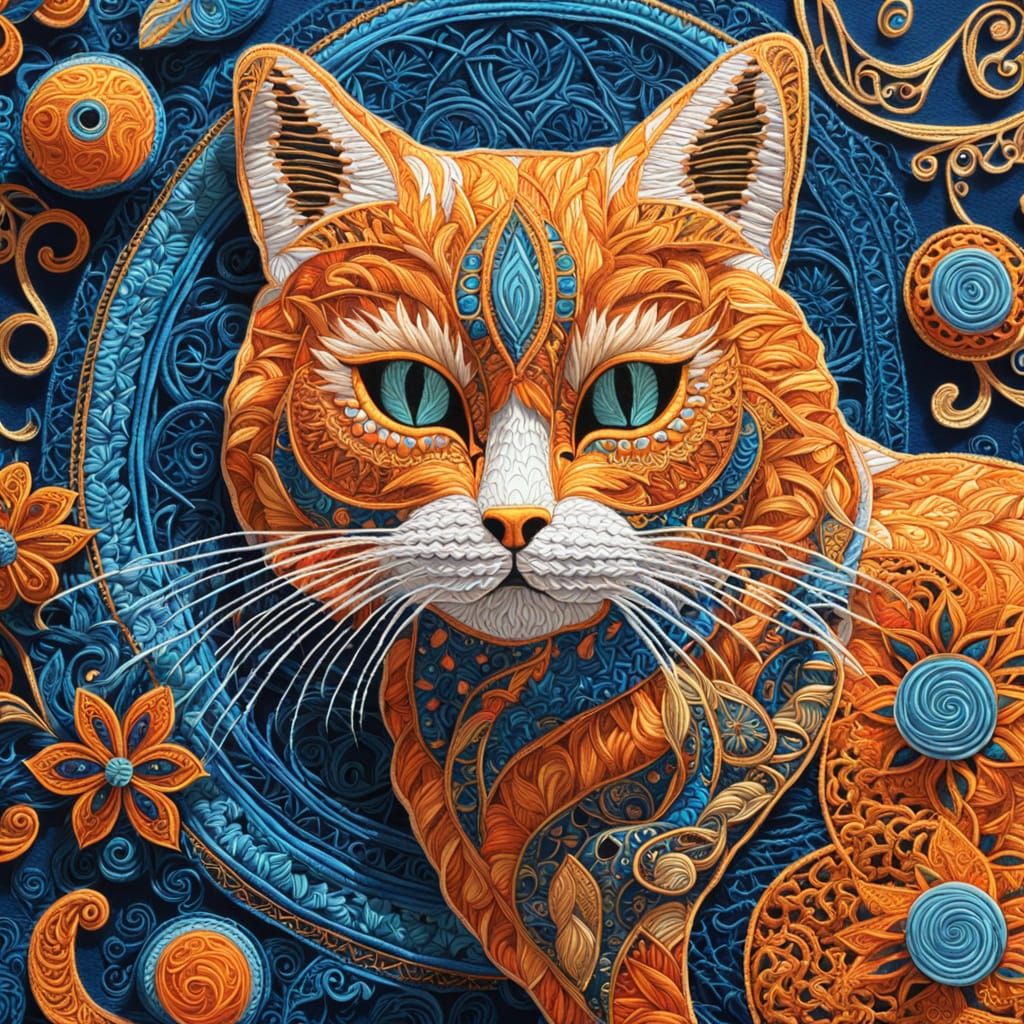 Elegant Blue and Gold Cat in Intricate Zentangle Art