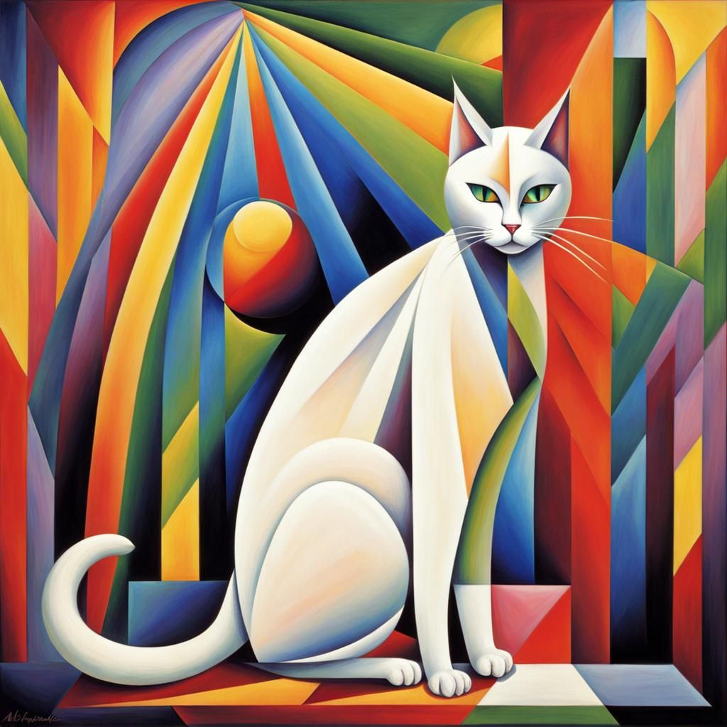 Rainbow-Eyed Cat Walking on Rainbow in Cubist Style