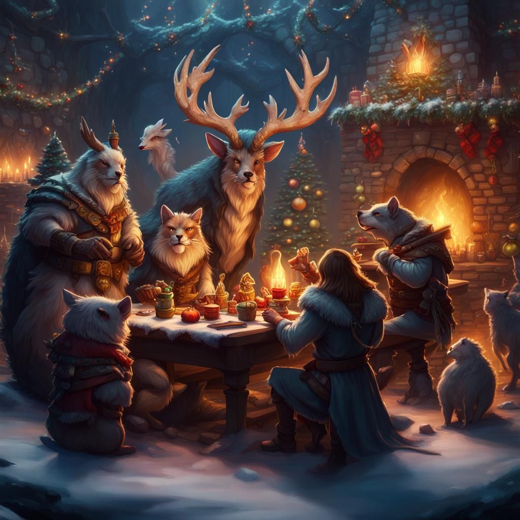 Festive Animal D&D Christmas Party: Digital Matte Painting
