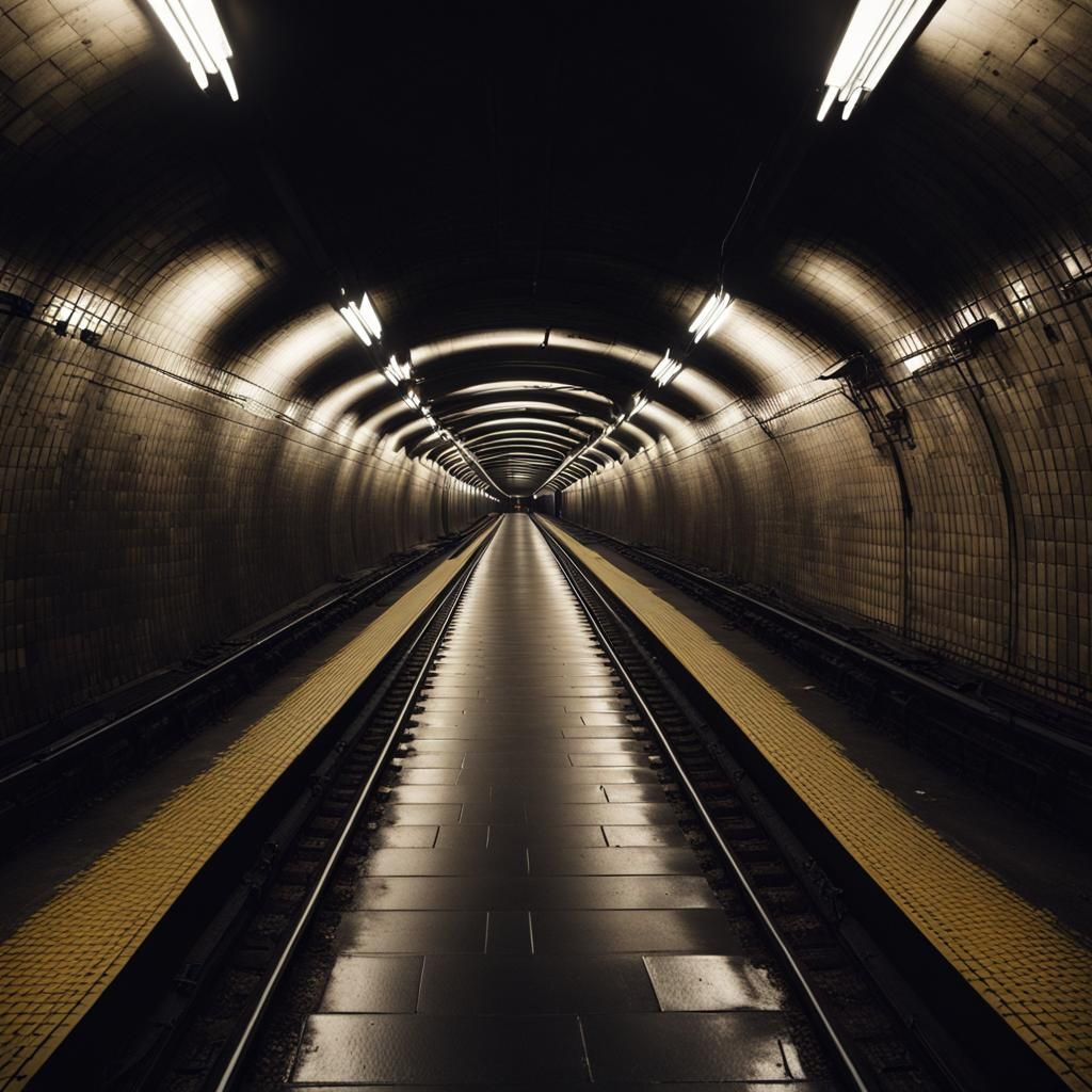 Dark Subway Tunnel Leading to Distant Station
