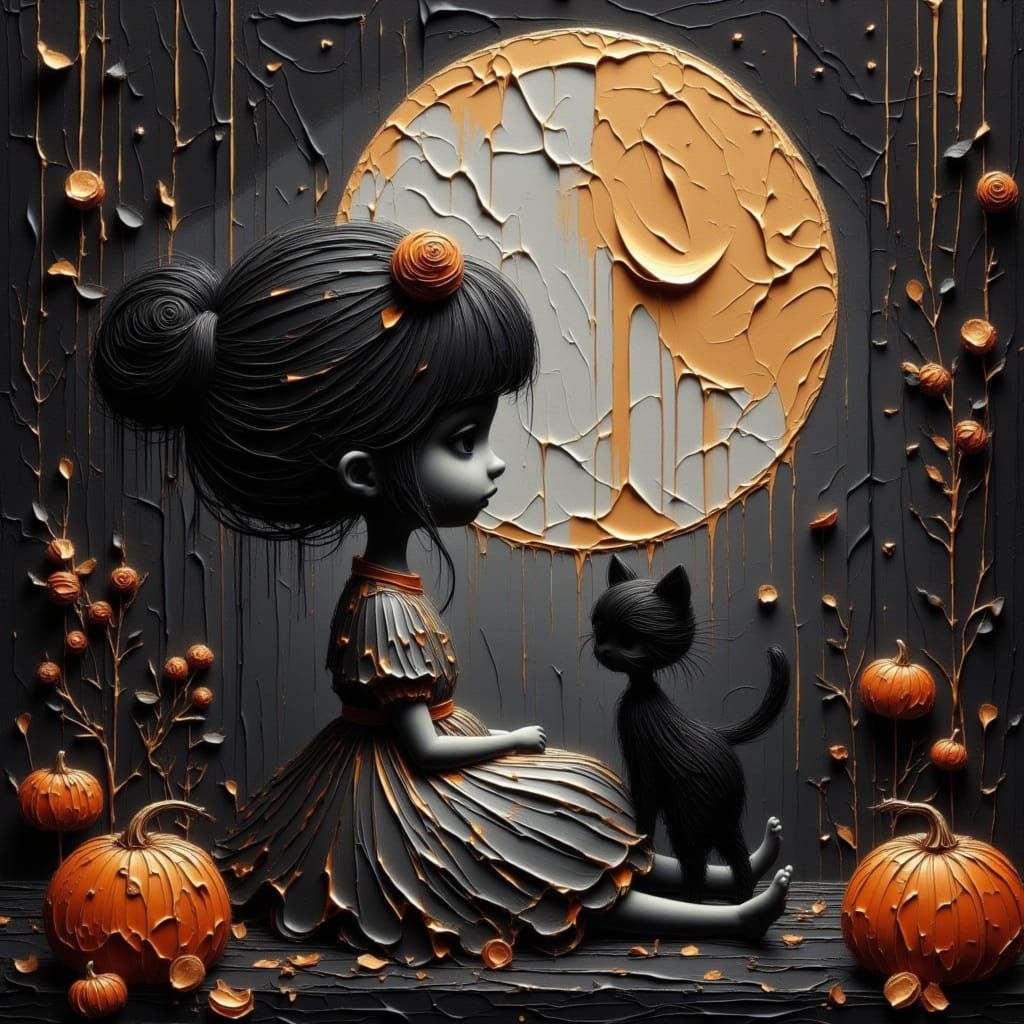 Moonfairy and Black Cat Portrait Under Harvest Moon