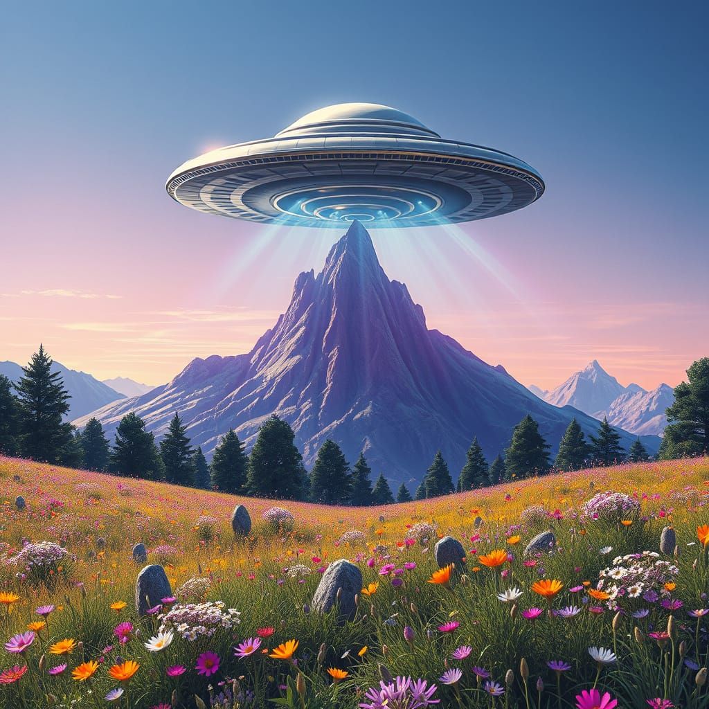 "Magnificent silver UFO flying above a purple mountain, casting glorious beams across a sparkling summer meadow"