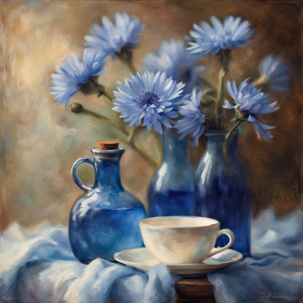 Impressionist Still Life with Blue Glass Bottles