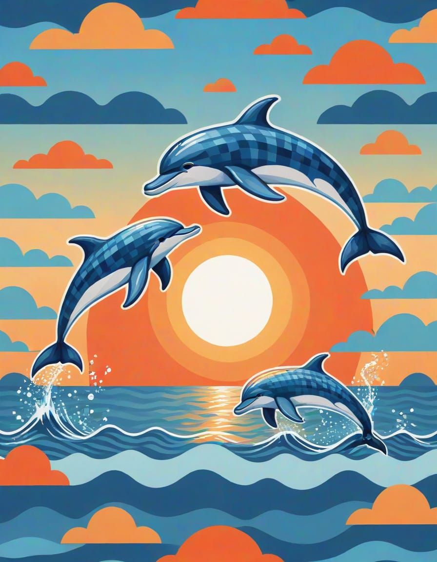 Gingham Dolphins Leap into Vibrant Sunset