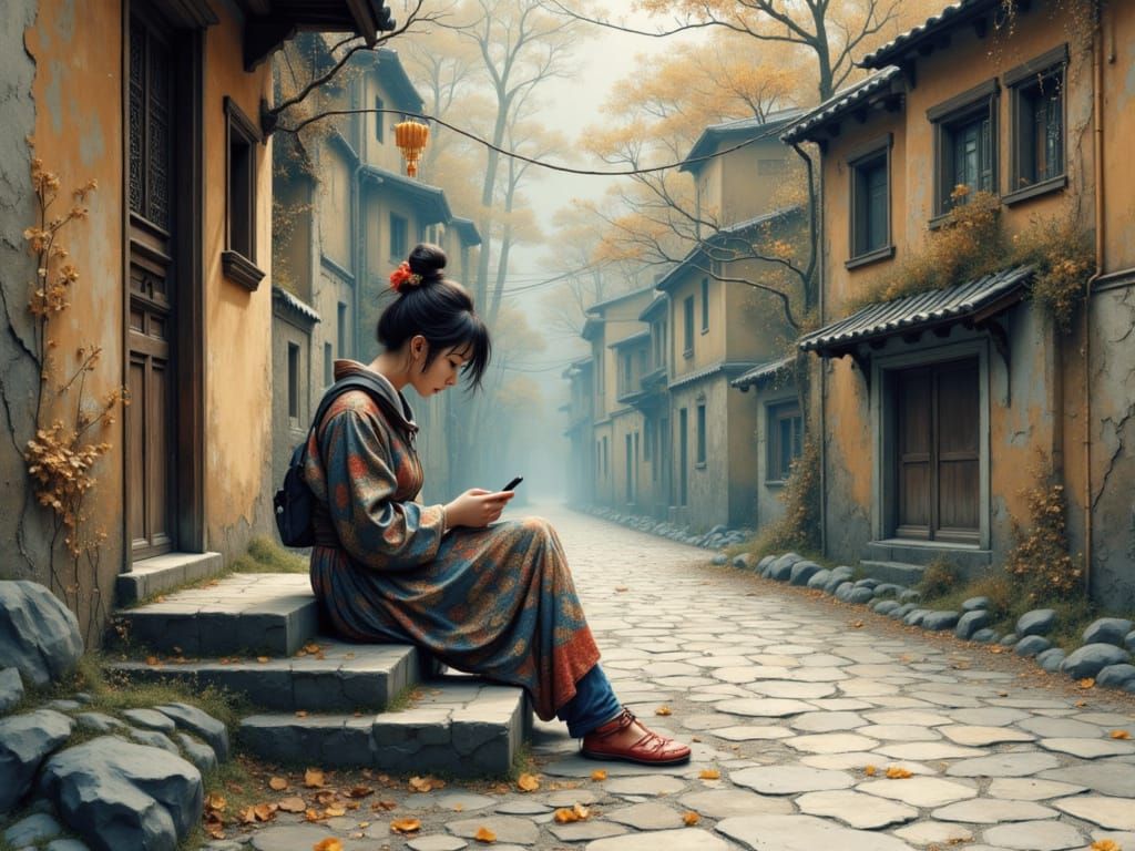 Anime Girl on Apartment Steps with Phone