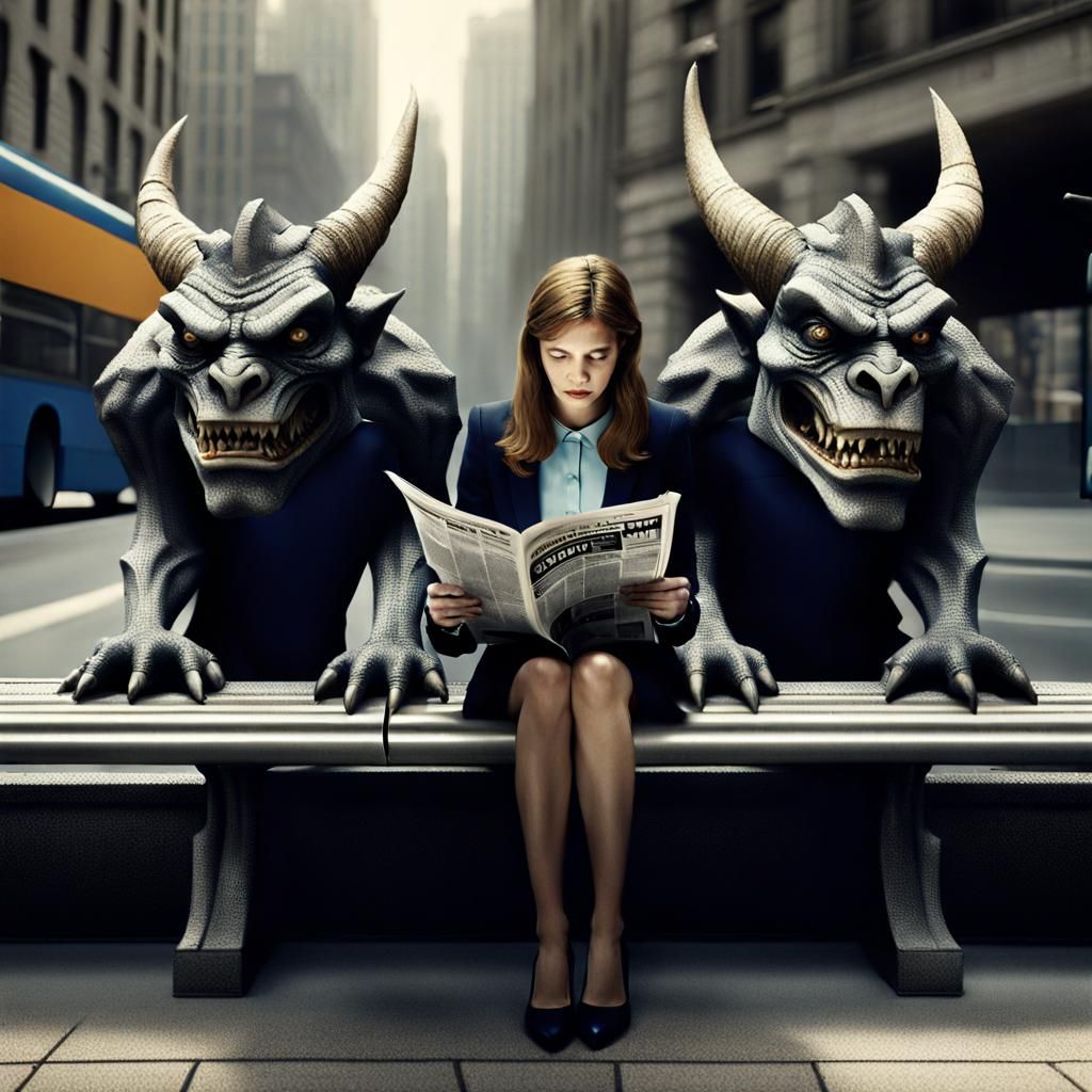 Demonic Gargoyles Guard Woman Reading Newspaper