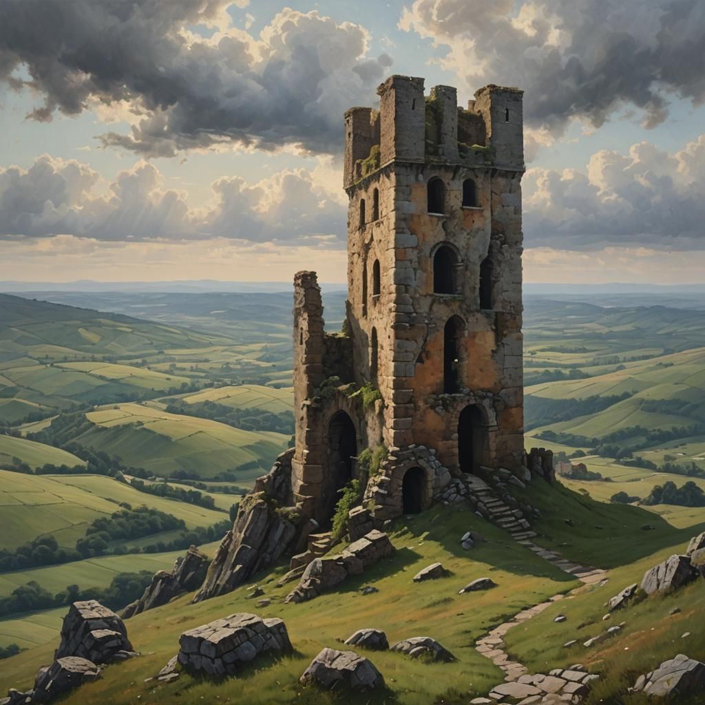 Wistful Ruined Tower on Hilltop: Realistic Painting