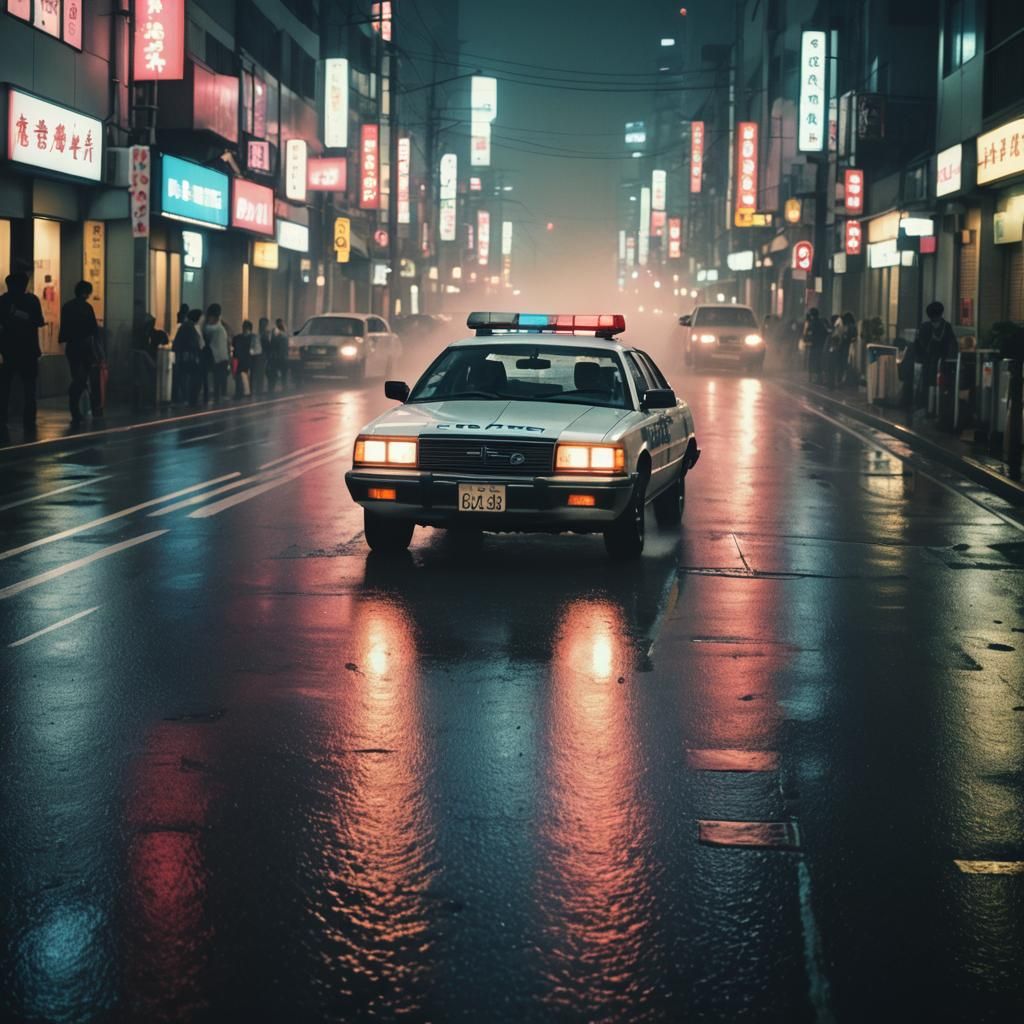 Neo-Noir Police Chase Through Tokyo Street