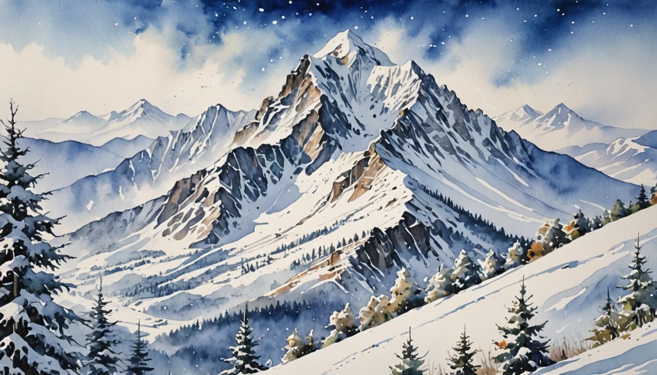 Snowy Mountain in Watercolor Art