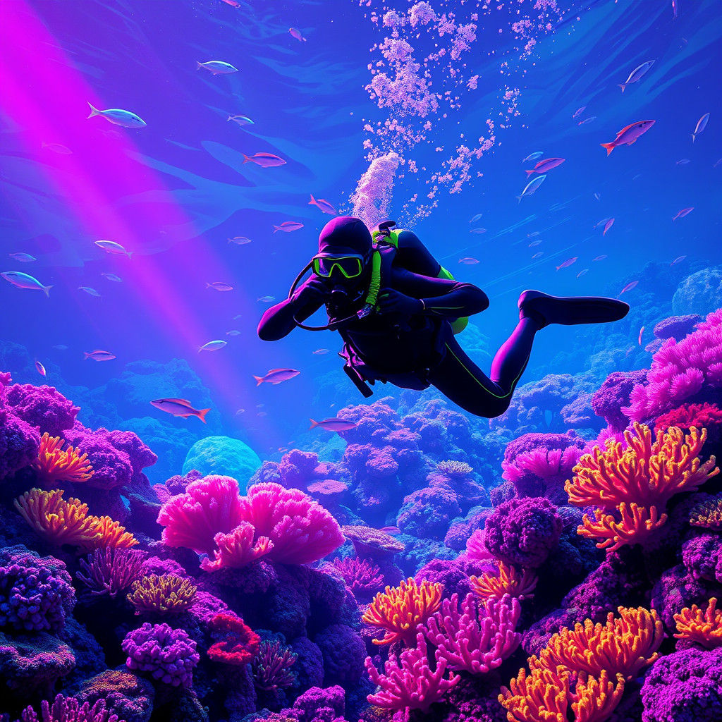 Scuba Diver in Neon Coral Reef: Synthwave Dream