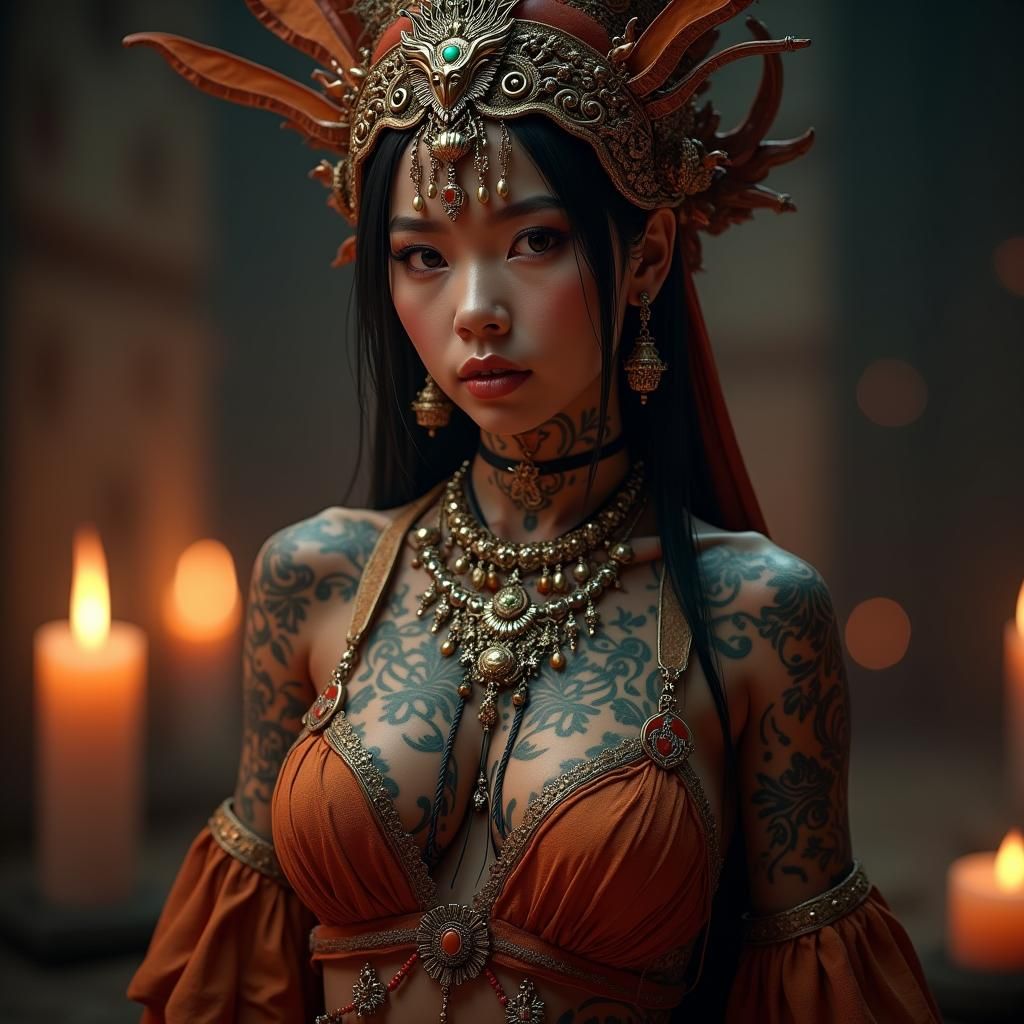 Mystical Woman in Ancient Attire and Futuristic Jewelry