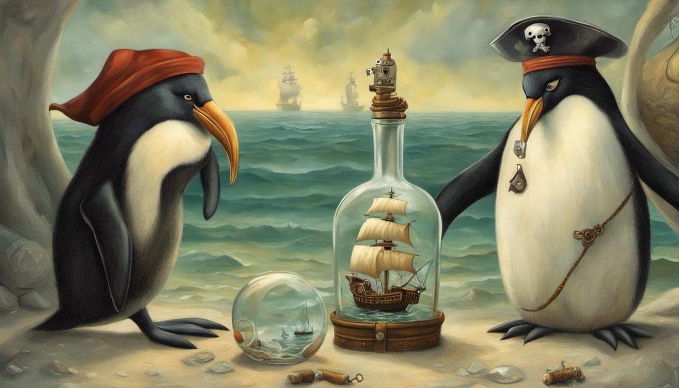 Penguin Pirate Contemplates Ship in Bottle, Surreal Art