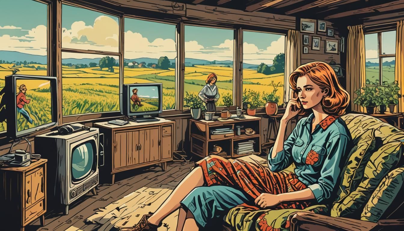Fashionable Woman Watches TV in 1970s Polish Comic Style