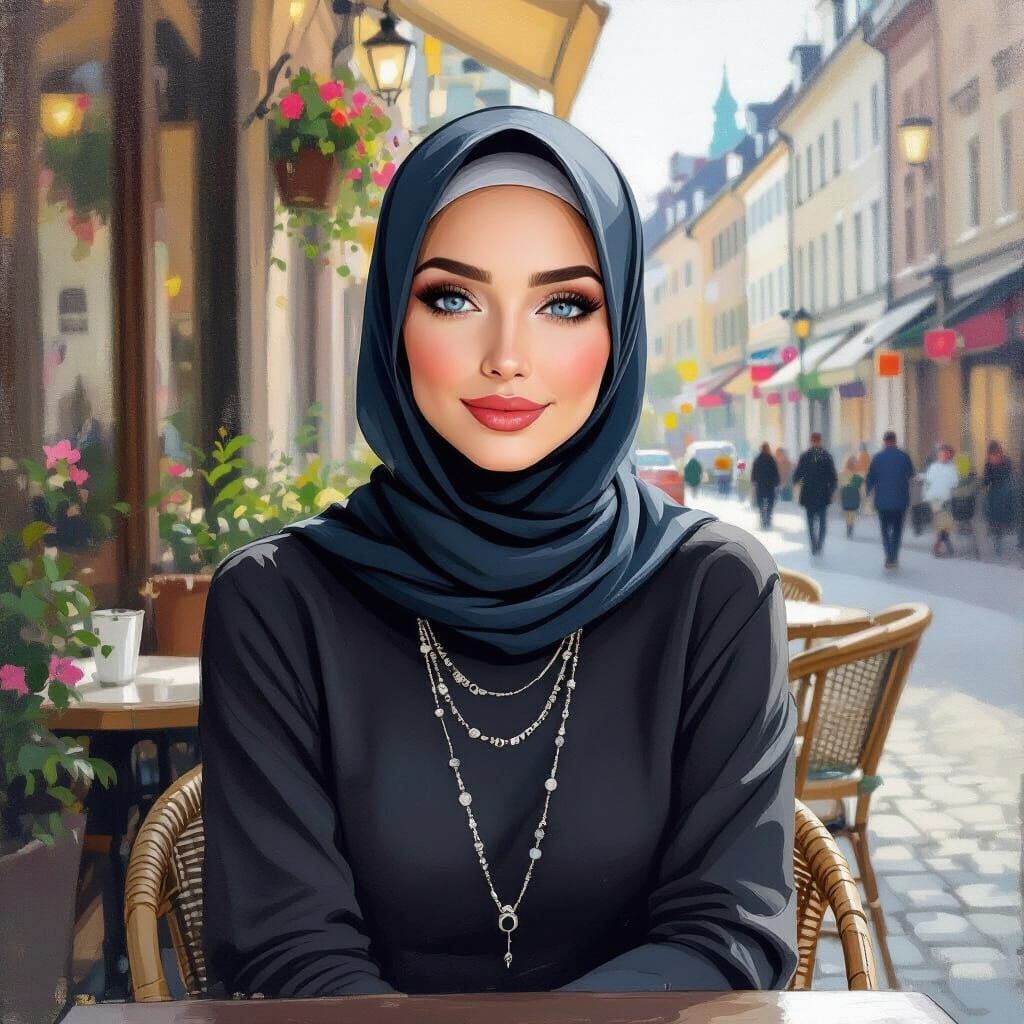 Elegant Hijabi Woman in Minimalist Oil Painting Style