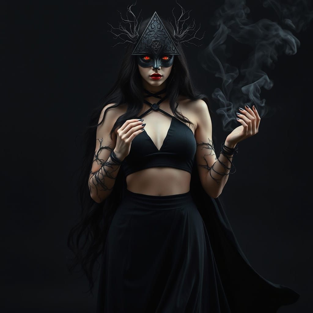 Mysterious Dark Goddess in a Shroud of Black Elegance