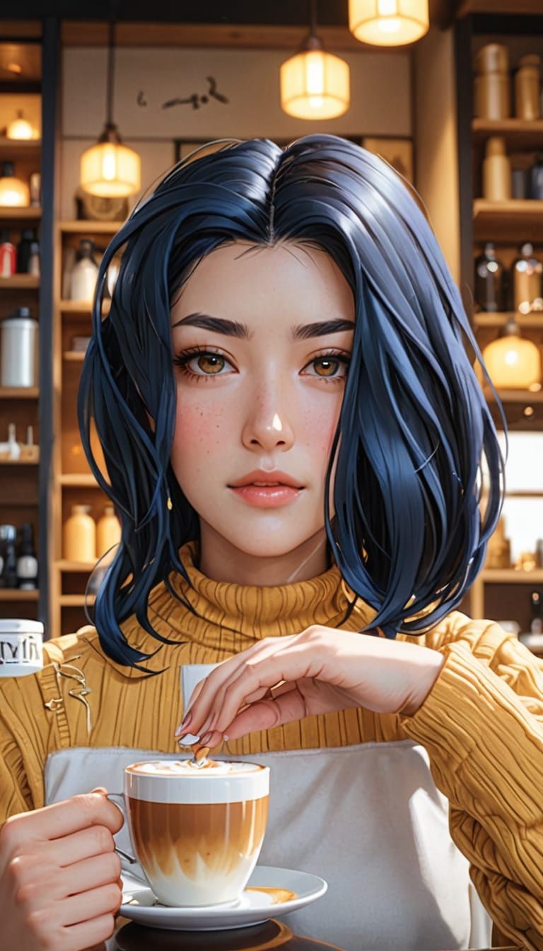 Anime Girl Sipping Latte in Cozy Cafe
