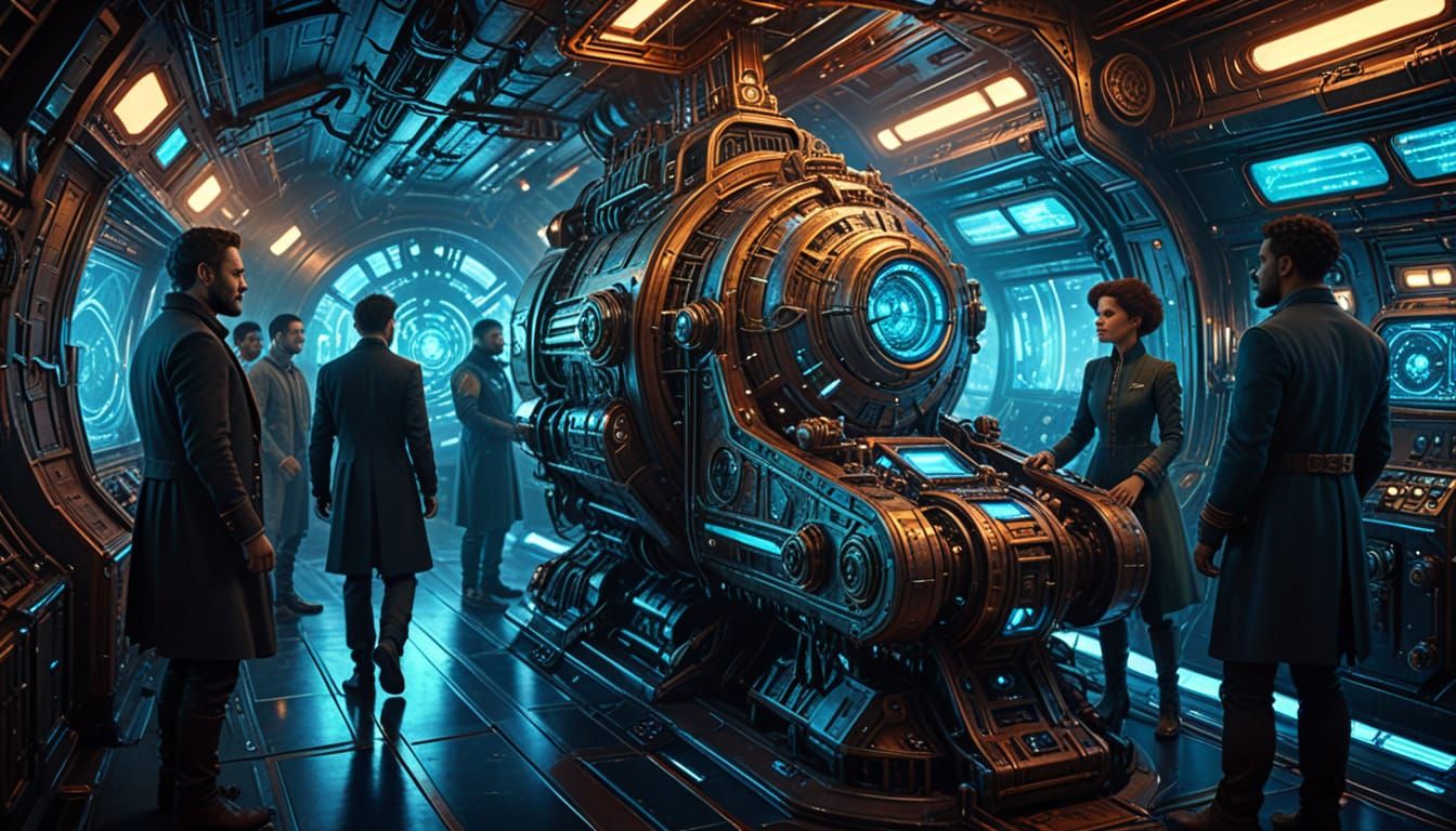 Steampunk Starship Crew in Warm, Vibrant Lighting