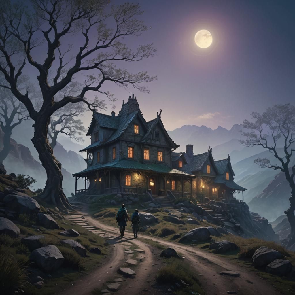 Adventurers on a Winding Mountain Road: Fantasy Art