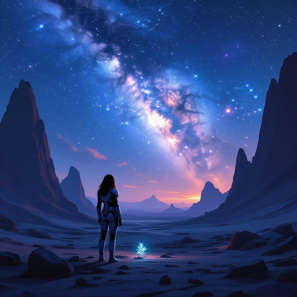 Woman Gazes at Alien Nebula in Painterly Sci-Fi Landscape