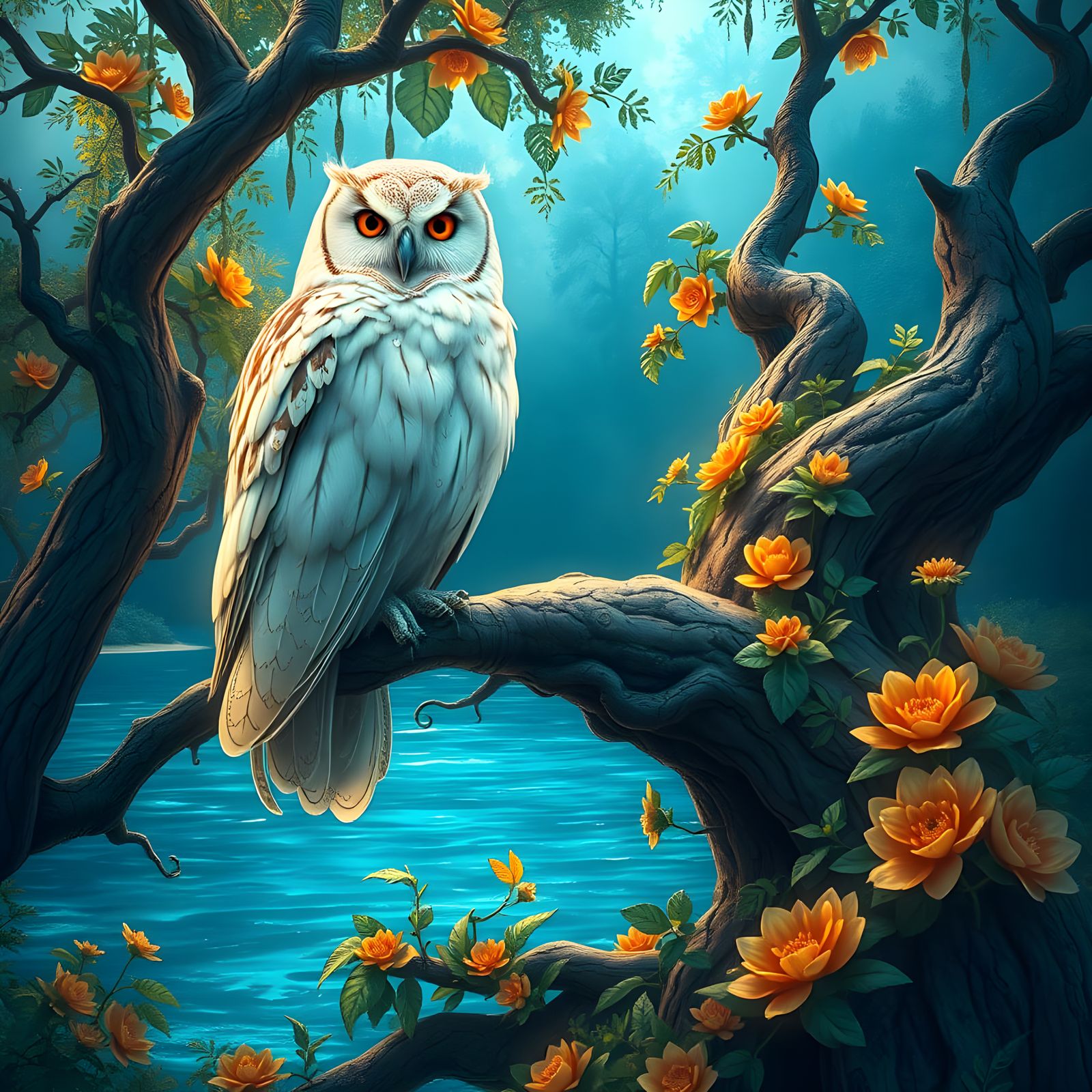 Decorative Owl Overlooking Lake: Fantasy Concept Art