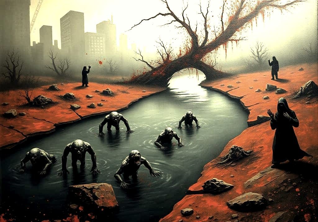 Surreal Oil Painting of Dark, Disfigured Humanoids in a Crac...