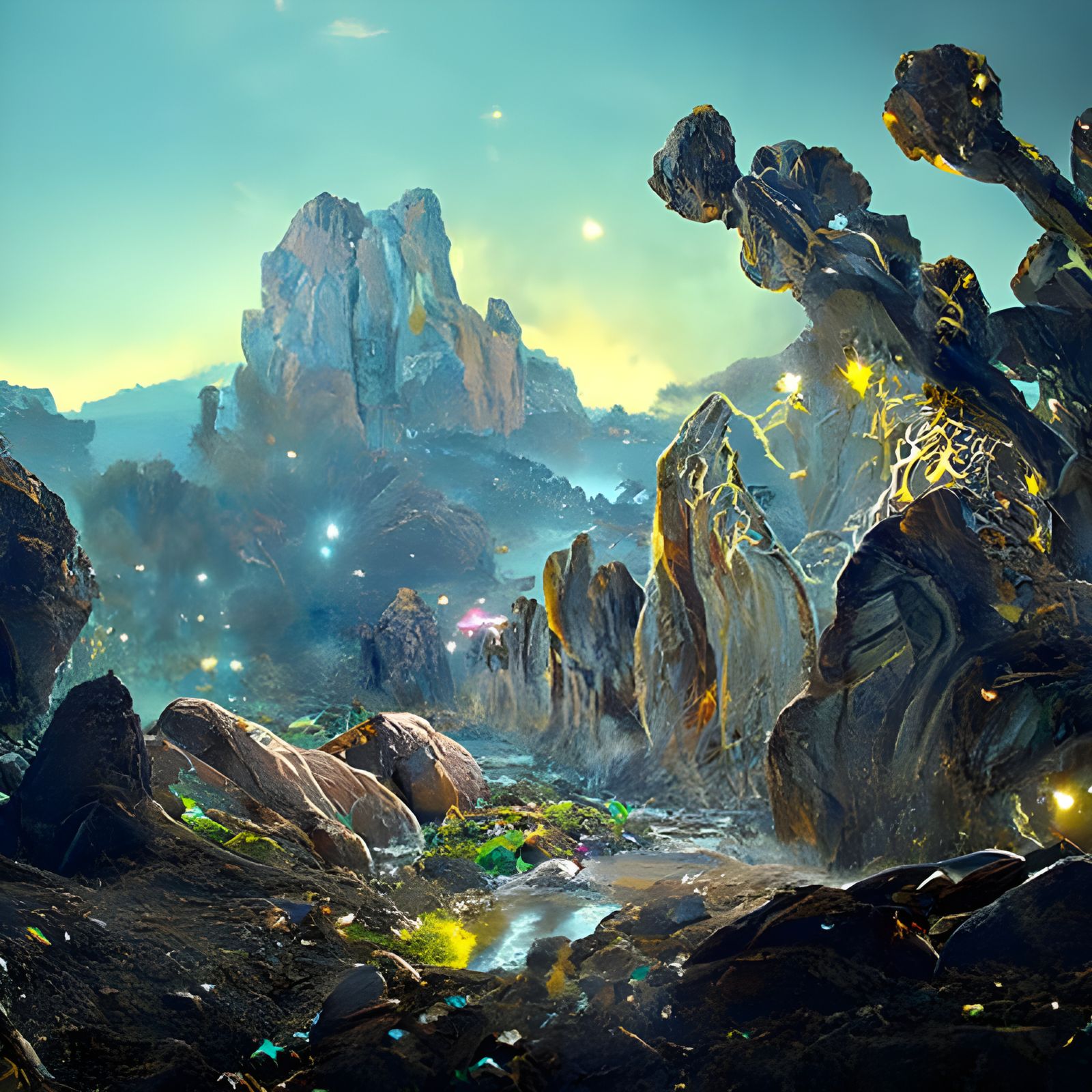 Otherworldly Rocky Landscape with Luminous Crystals